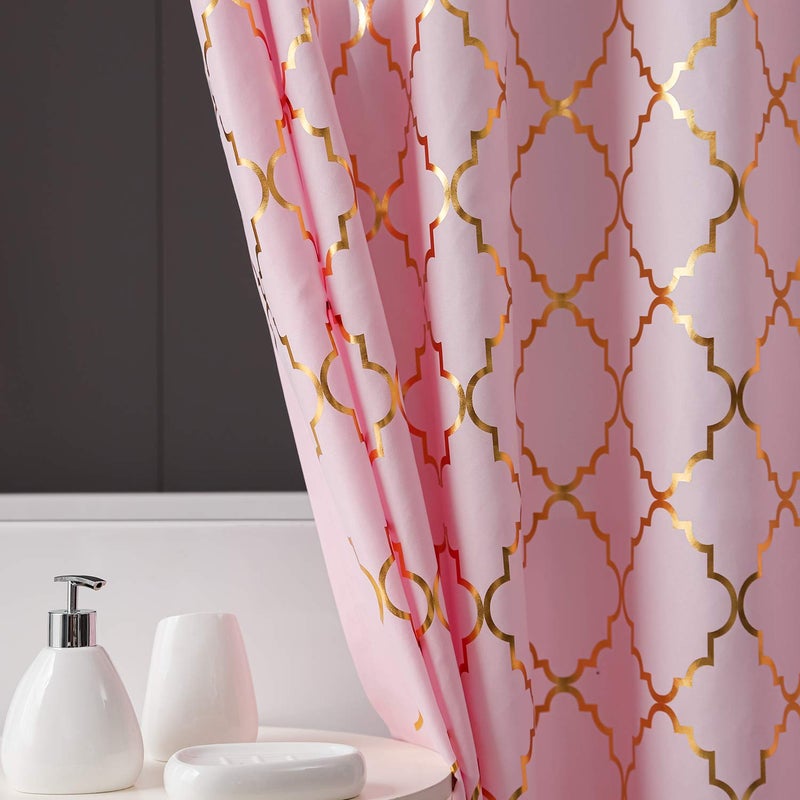 FINECITY Geometric Shower Curtain Set - Metallic Gold Foil Moroccan Lattice Pattern Printed on Soft Fabric Grommet Top Shower Curtain with 12 Hooks, 72 x 72 Inch, Pink and Gold - Image 4